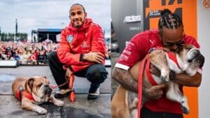 Lewis Hamilton con su perro Roscoe, un bulldog inglés. En la primera escena, Hamilton posa sonriendo con Roscoe en un evento público frente a una multitud. En la segunda, lo sostiene en brazos y lo abraza con ternura, dándole un beso en la cabeza.