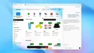 Captura de pantalla del navegador ChatGPT Atlas en macOS mostrando una página de Instacart. En la barra lateral de ChatGPT, el Modo Agente está activo, mientras agrega productos al carrito