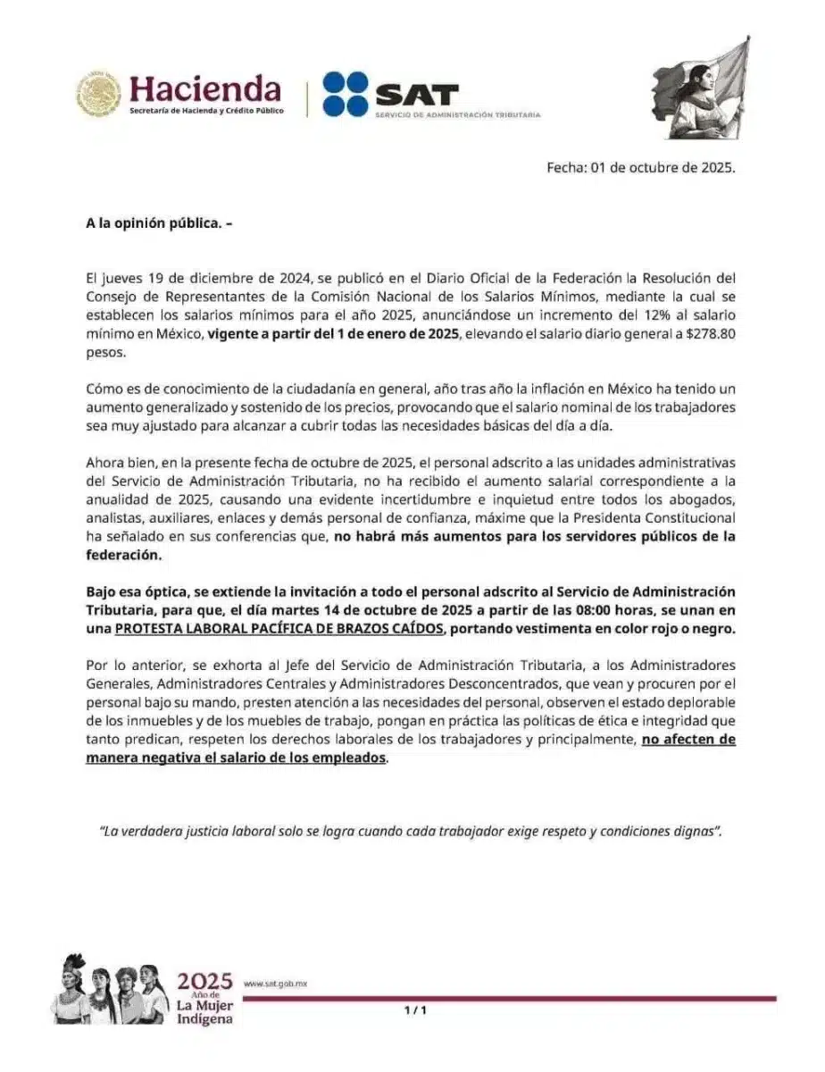 Documento que han compartido los trabajadores del Servicio de Administraci贸n Tributaria para convocar a una marcha
