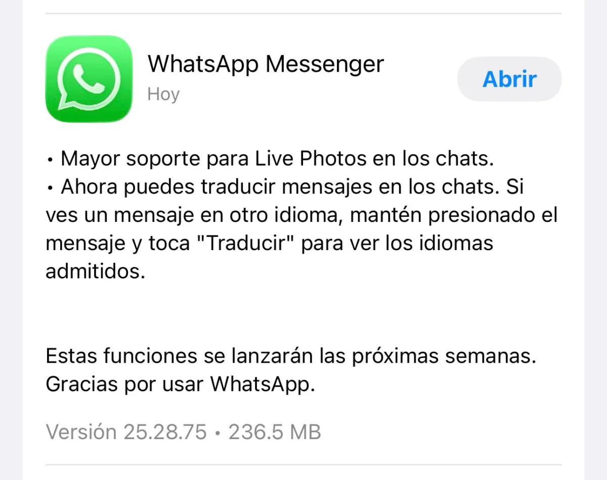 Actualizaci贸n WhatsApp versi贸n 25.28.75 en iOS 26