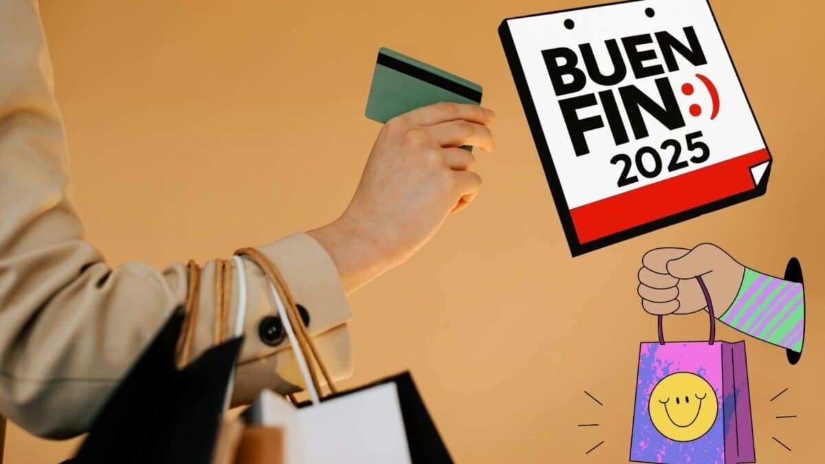 Mujer mostrando su tarjeta de crédito y con bolsas de compras BuenFin 2025