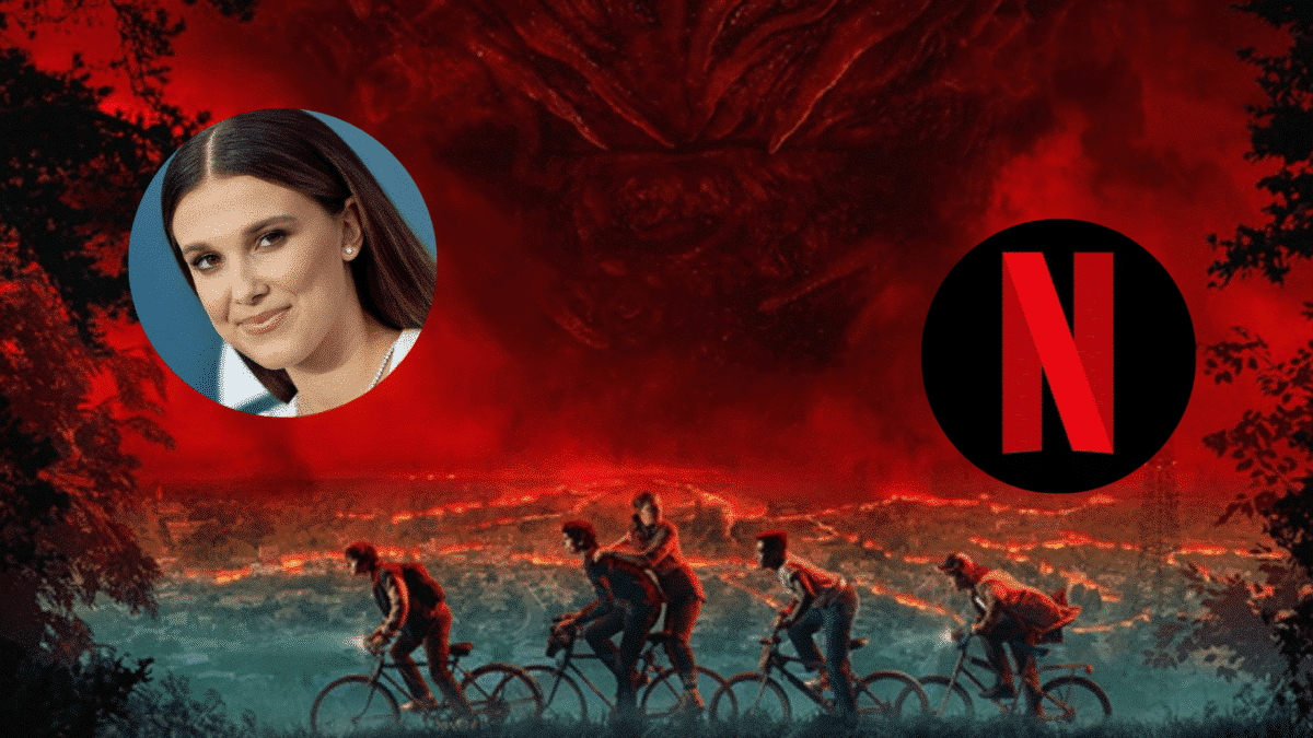 Stranger things con el logo de netflix y millie bobby brown