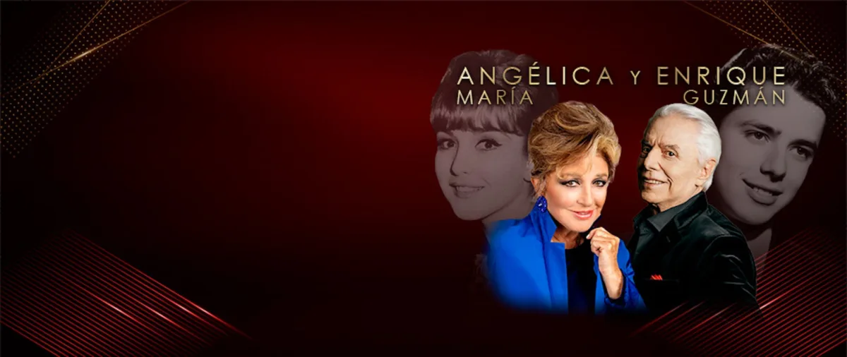 Cartel publicitario de Angélica María y Enrique Guzmán. Aparecen fotos de los artistas 'ayer y hoy' sobre un fondo artístico en color vino y dorado.