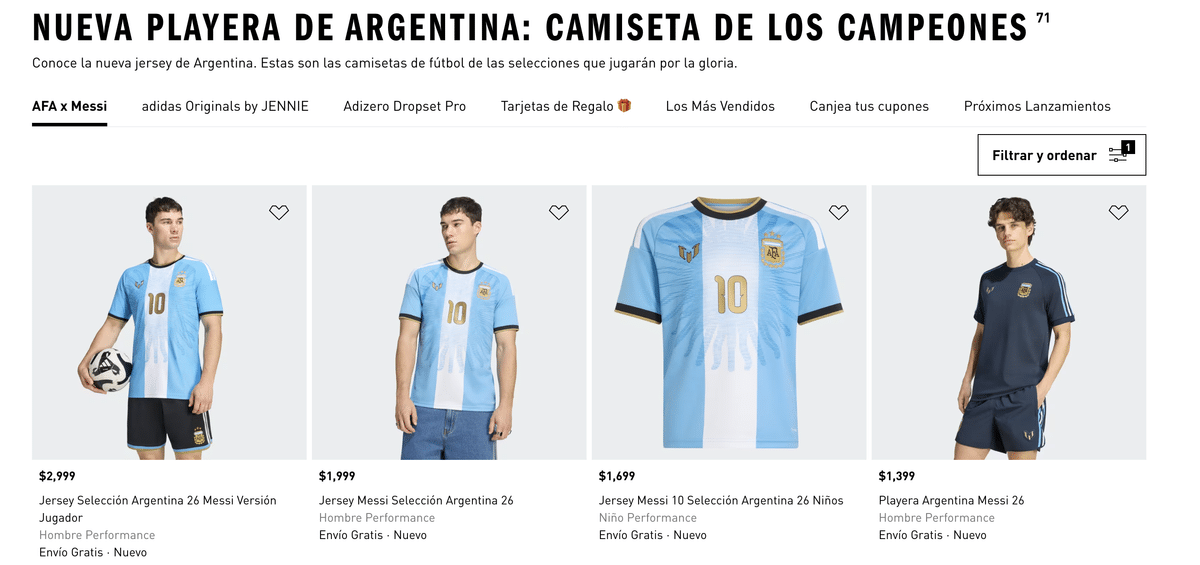 Catálogo de Adidas México con los jerseys y la playera de la colección AFA x Messi Camiseta de los Campeones y con el jersey versión jugador en $2,999 pesos y el jersey para hombre en $1,999 pesos